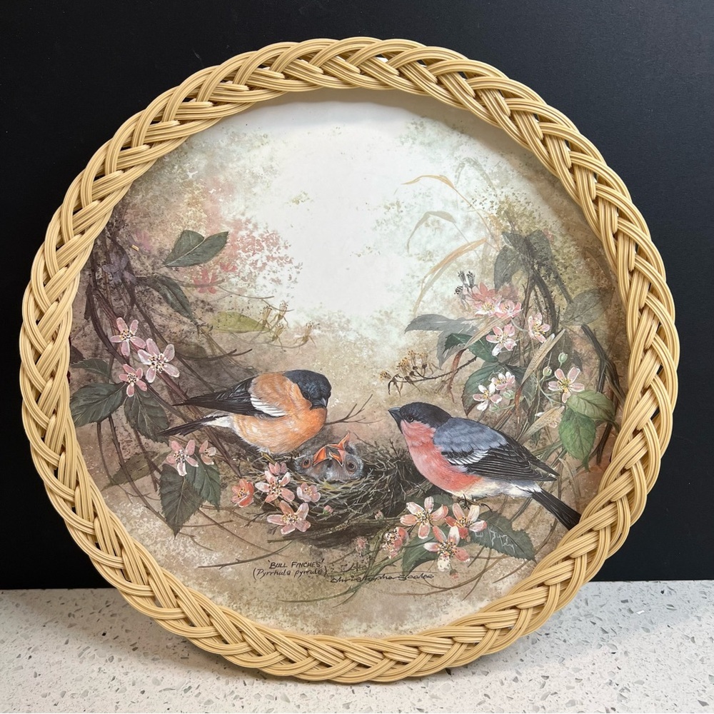 Vintage 1970 IMPERIAL Bullfinches Bird Round Melamine Wicker Woven Serving Tray